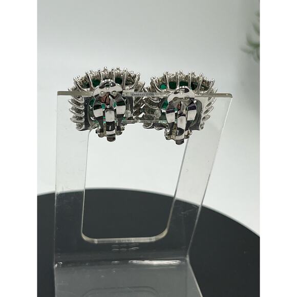 Green Prong Set Rhinestone Open Back Stacked Halo Silver Tone Clip on Earrings - Picture 5 of 7
